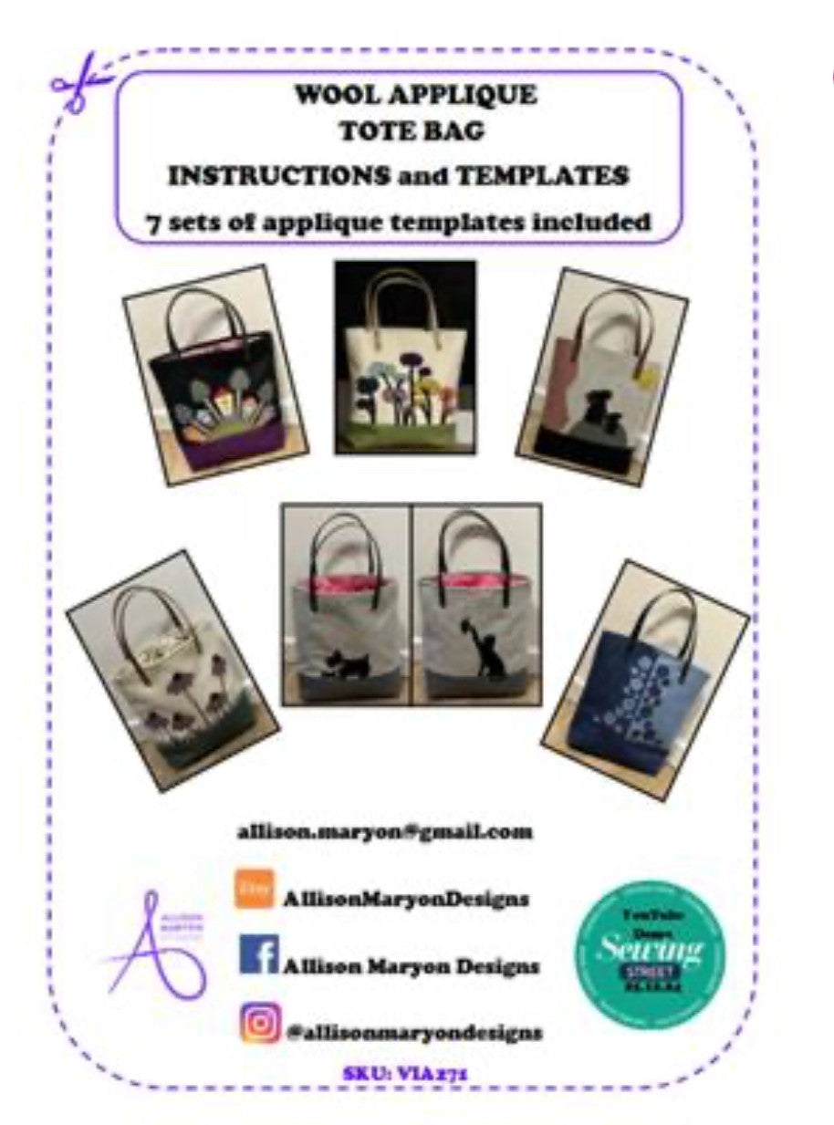 Wool Applique Tote Bag instructions with 7 sets of Applique Templates - Digital Download