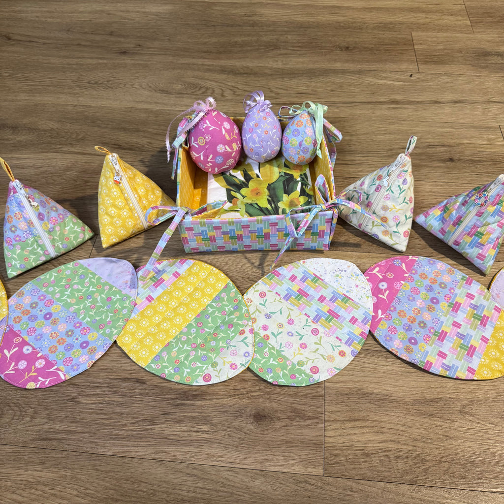 Springtime PDF bundle. Egg table runner, Bunny treat bags, Bunny pocket applique, Easy store basket, Zipped Gift Bags and Fabric Eggs - Digital Download