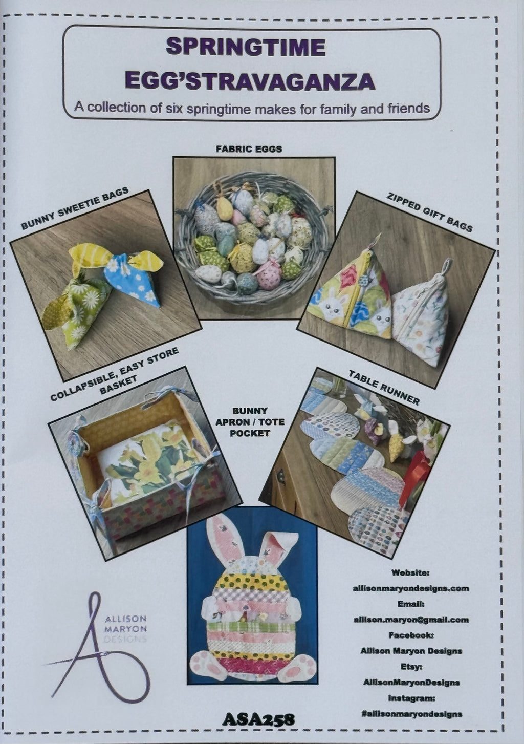 Springtime PDF bundle. Egg table runner, Bunny treat bags, Bunny pocket applique, Easy store basket, Zipped Gift Bags and Fabric Eggs - Digital Download