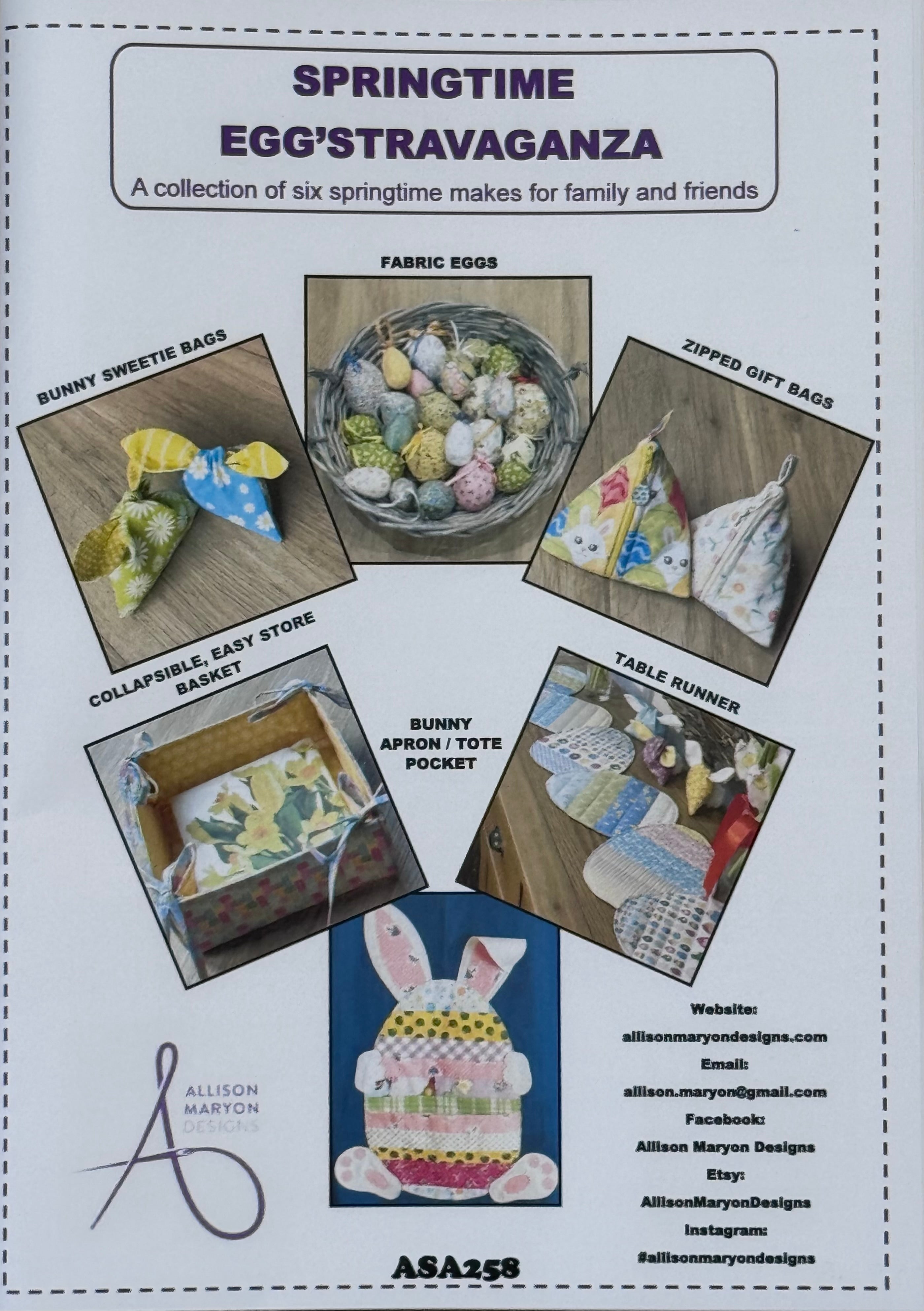 Springtime PDF bundle. Egg table runner, Bunny treat bags, Bunny pocket applique, Easy store basket, Zipped Gift Bags and Fabric Eggs - Digital Download