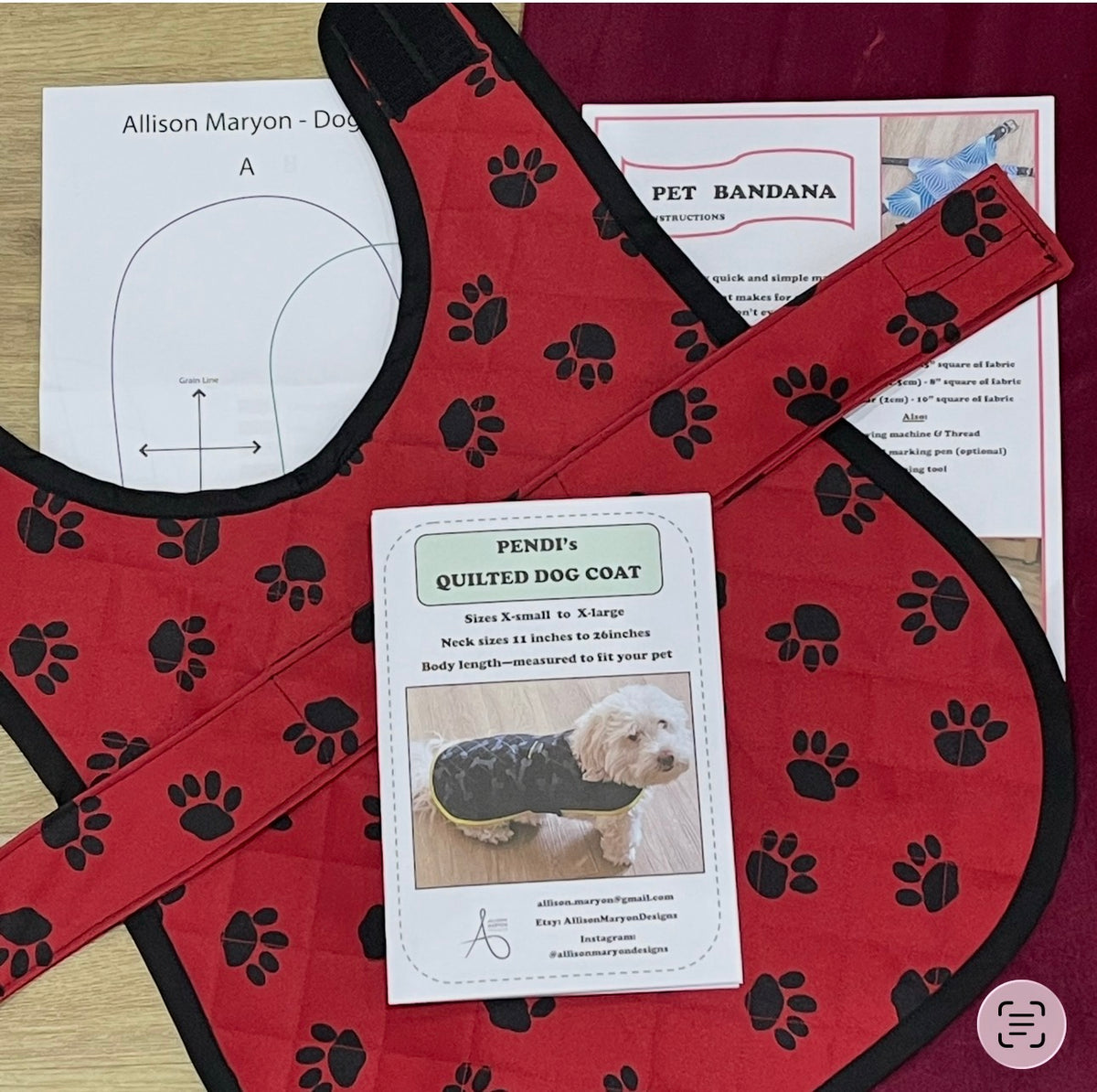 Pendi's Quilted Dog Coat adjustable pattern complete with instructions for a 'Harness Hack', 'Doggy Dry Coat' for drying, as well as a cute 'Bandana' for a collar - Digital Download