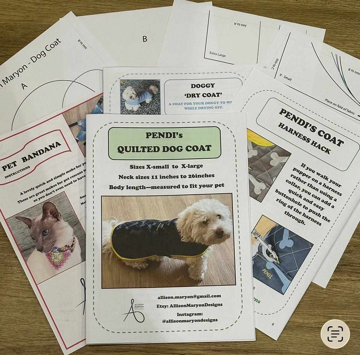 Pendi's Quilted Dog Coat adjustable pattern complete with instructions for a 'Harness Hack', 'Doggy Dry Coat' for drying, as well as a cute 'Bandana' for a collar - Digital Download