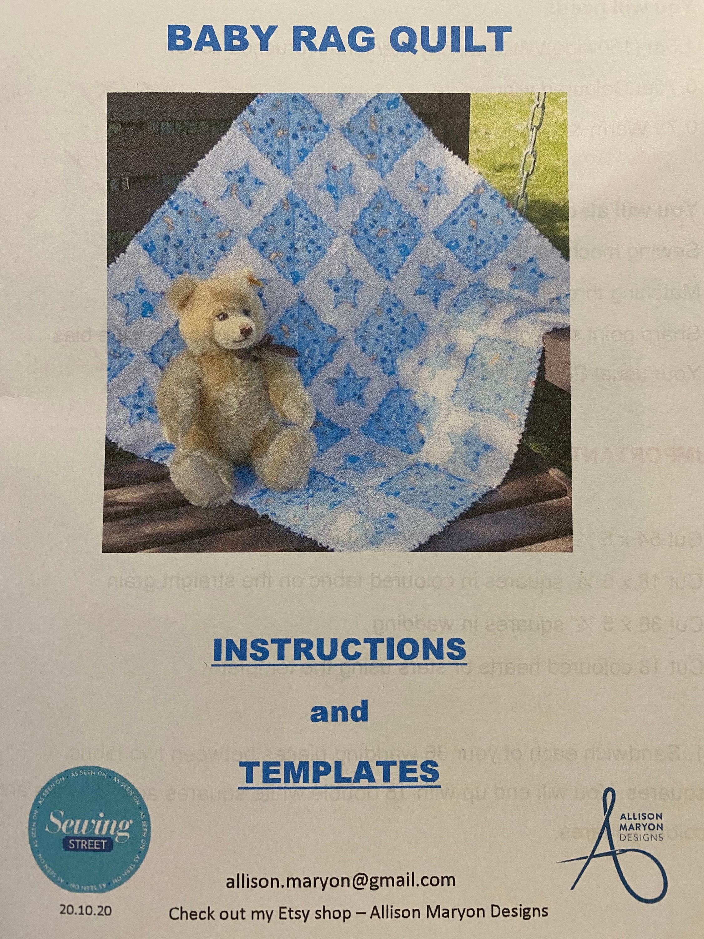 Baby Rag Quilt PDF Sewing Pattern and templates. QR code takes you to a full tutorial - Digital Download