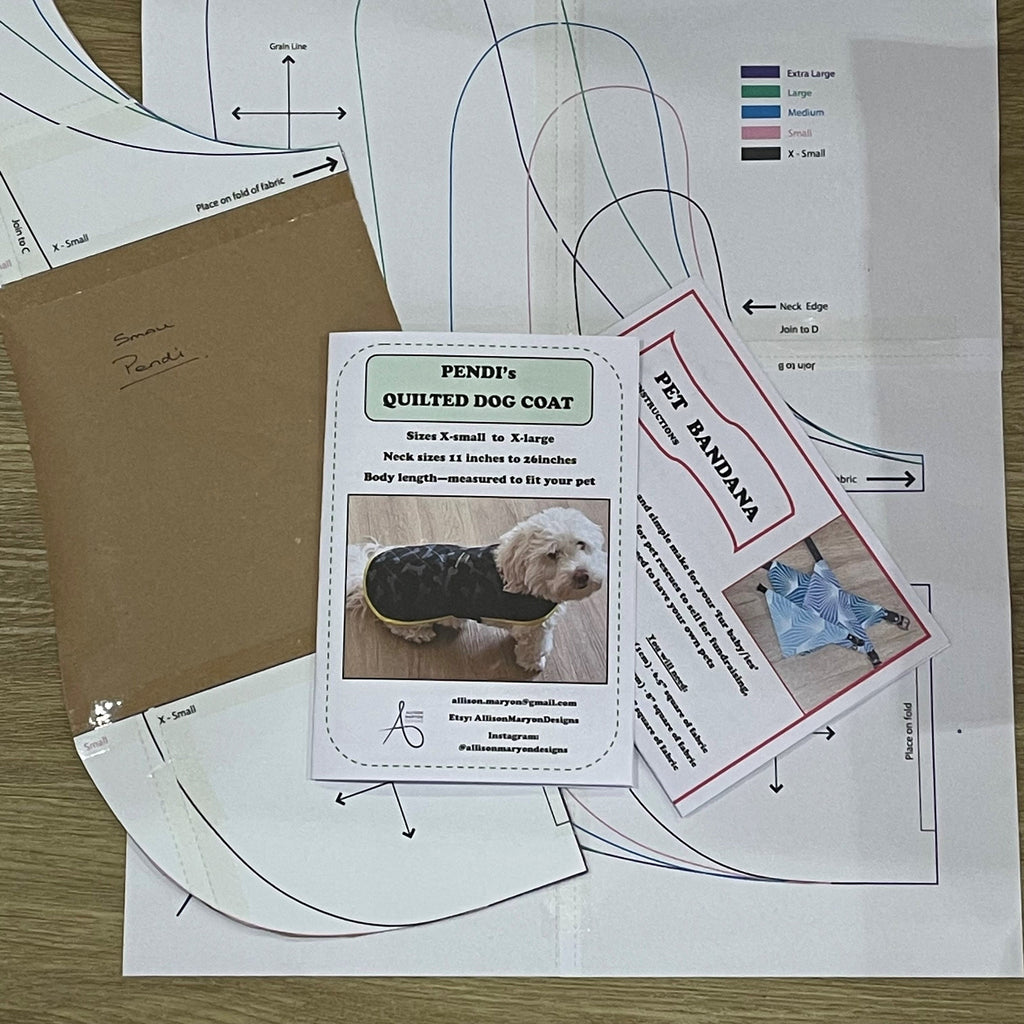 Pendi's Quilted Dog Coat adjustable pattern complete with instructions for a 'Harness Hack', 'Doggy Dry Coat', as well as a cute 'Bandana' for a collar  - Digital Download