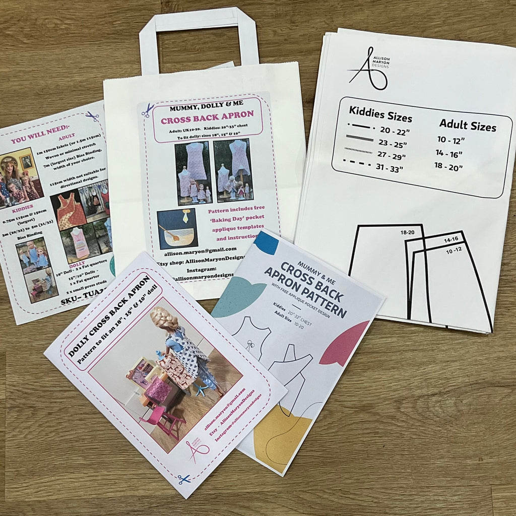 Mummy, Dolly & Me Cross Back Japanese Style Apron PDF Pattern. Kiddies 20"-33" chest. Adult Size UK 10-20 and to fit 18", 15" and 10" dolls. Digital Download