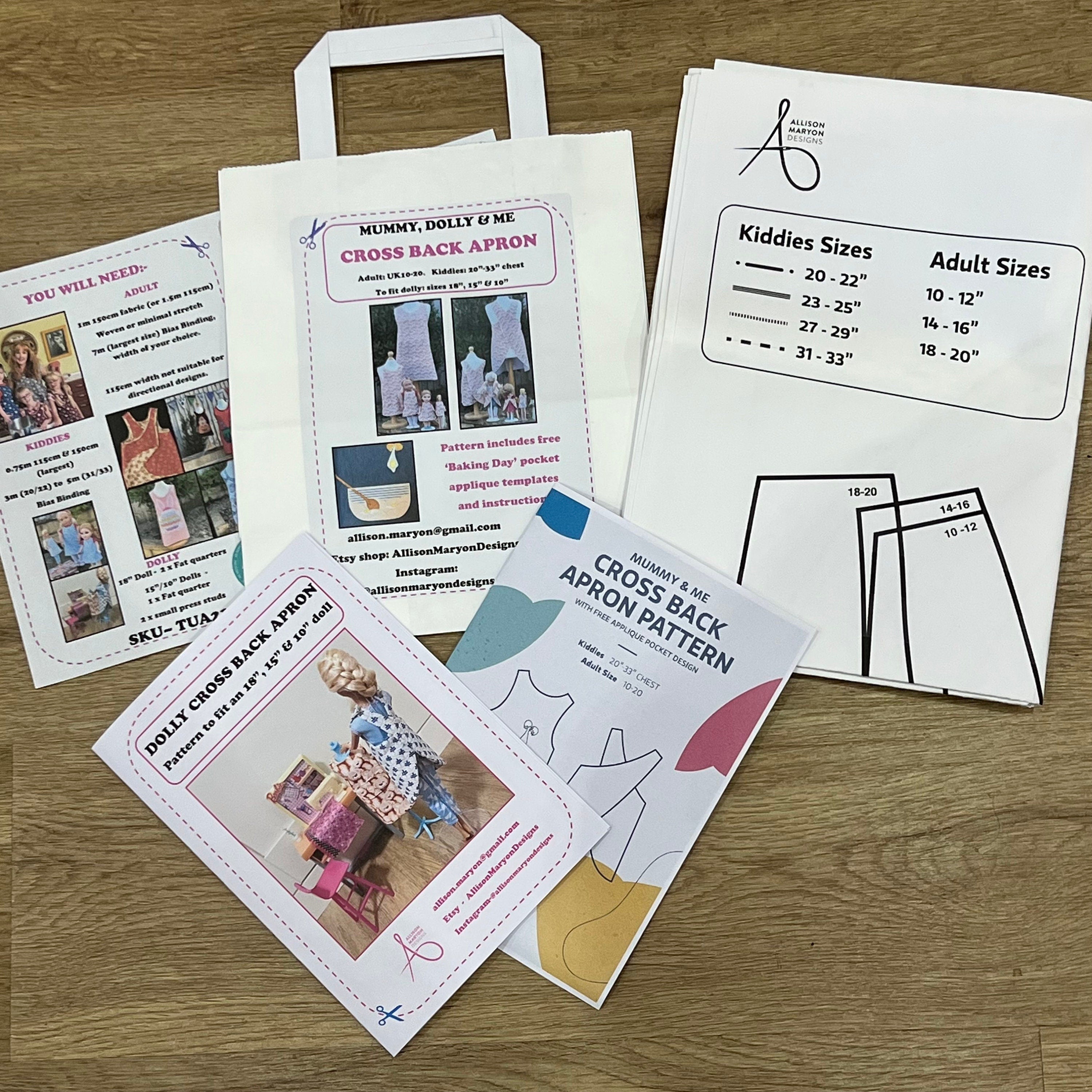 Mummy, Dolly & Me Cross Back Japanese Style Apron PDF Pattern. Kiddies 20"-33" chest. Adult Size UK 10-20 and to fit 18", 15" and 10" dolls. Digital Download