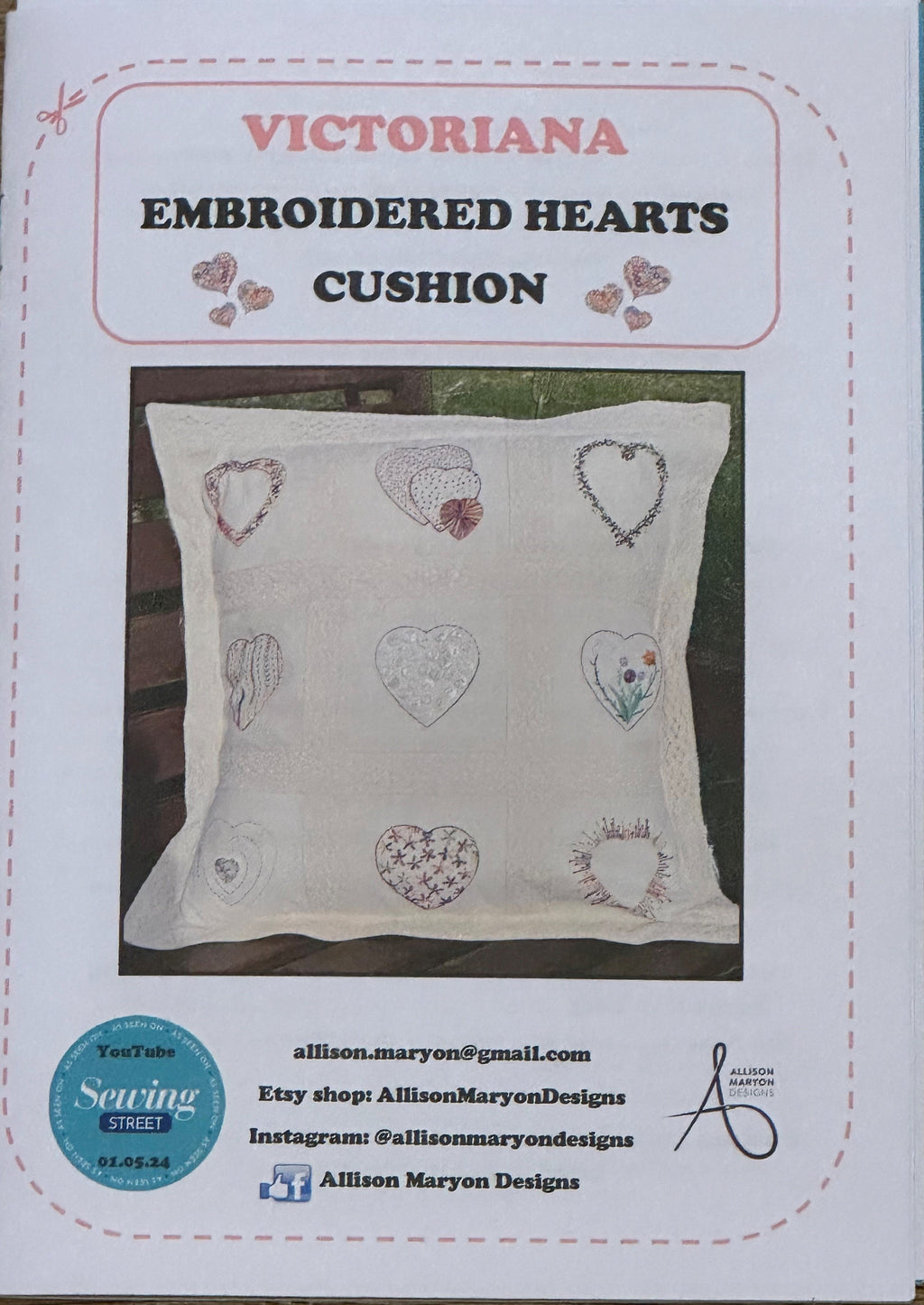 Victoriana, embroidered hearts and lace, large Oxford Style cushion sewing instructions.  Beginner friendly - Digital Download