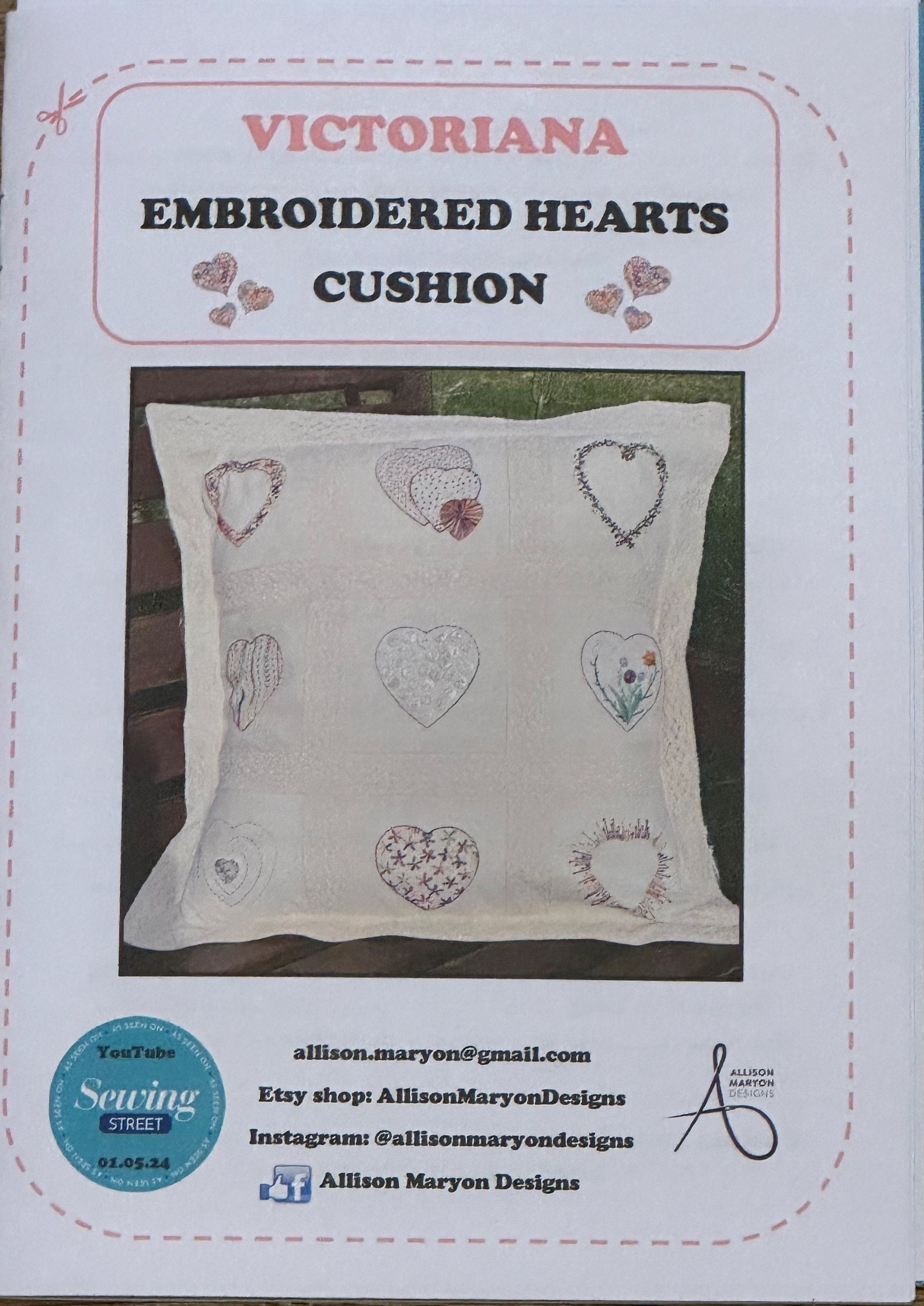 Victoriana, embroidered hearts and lace, large Oxford Style cushion sewing instructions.  Beginner friendly - Digital Download