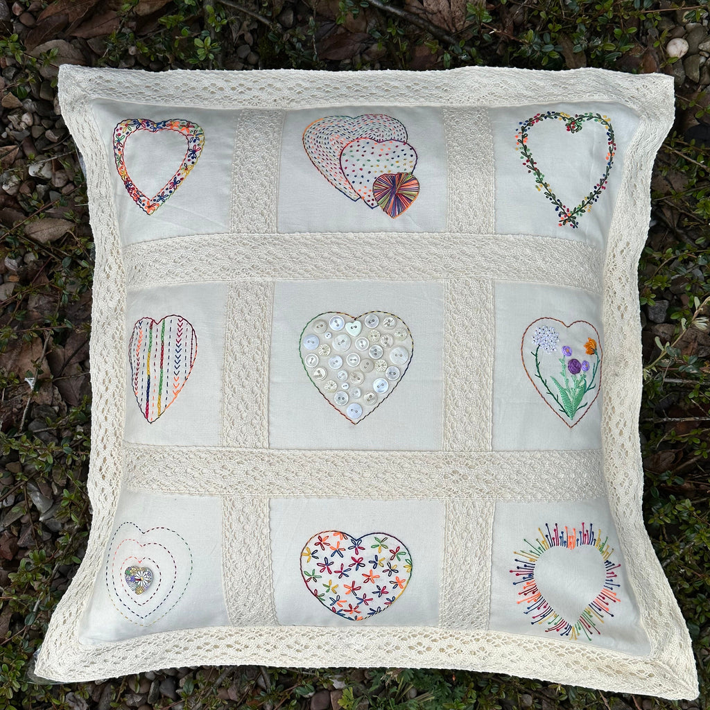 Victoriana, embroidered hearts and lace, large Oxford Style cushion sewing instructions.  Beginner friendly - Digital Download