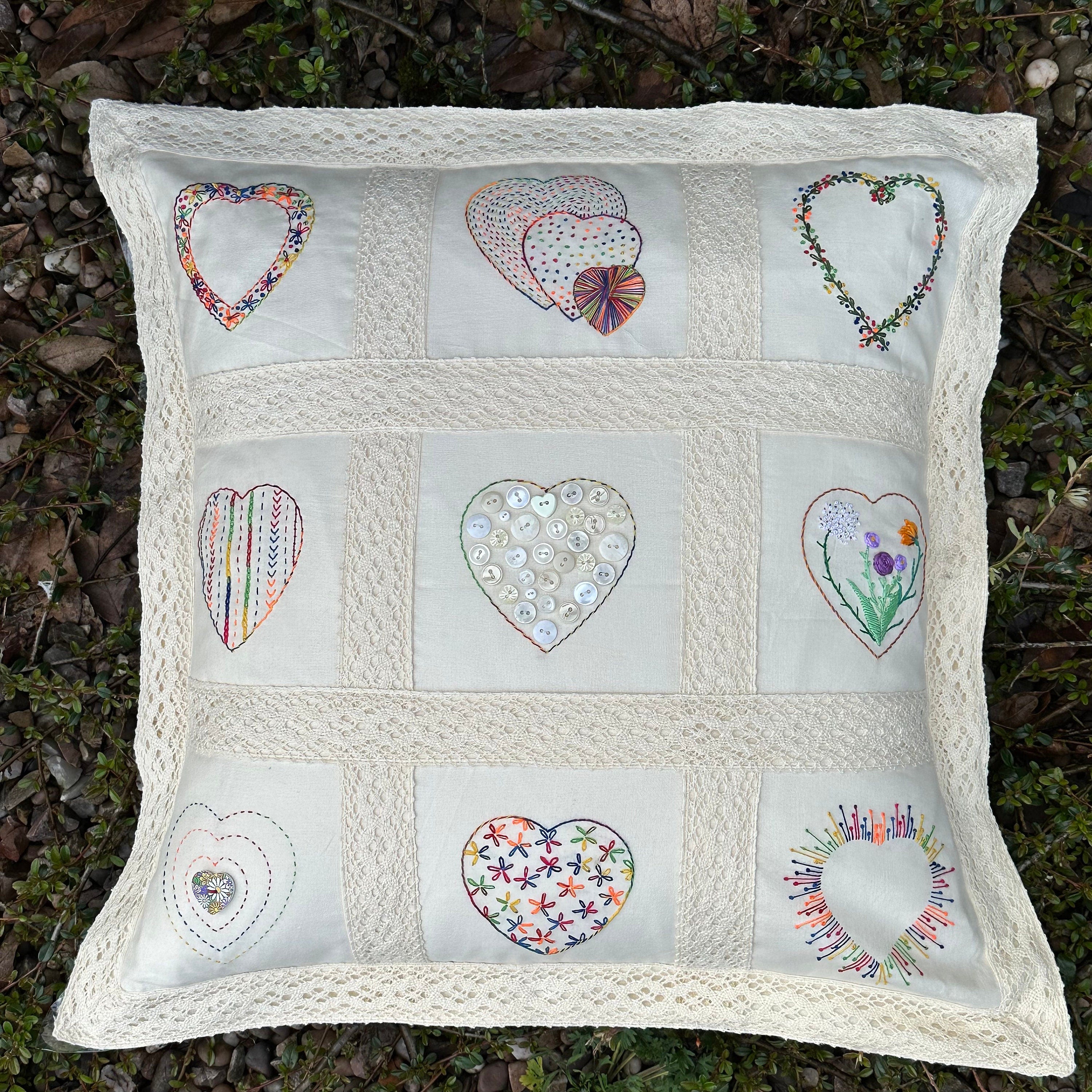 Victoriana, embroidered hearts and lace, large Oxford Style cushion sewing instructions.  Beginner friendly - Digital Download