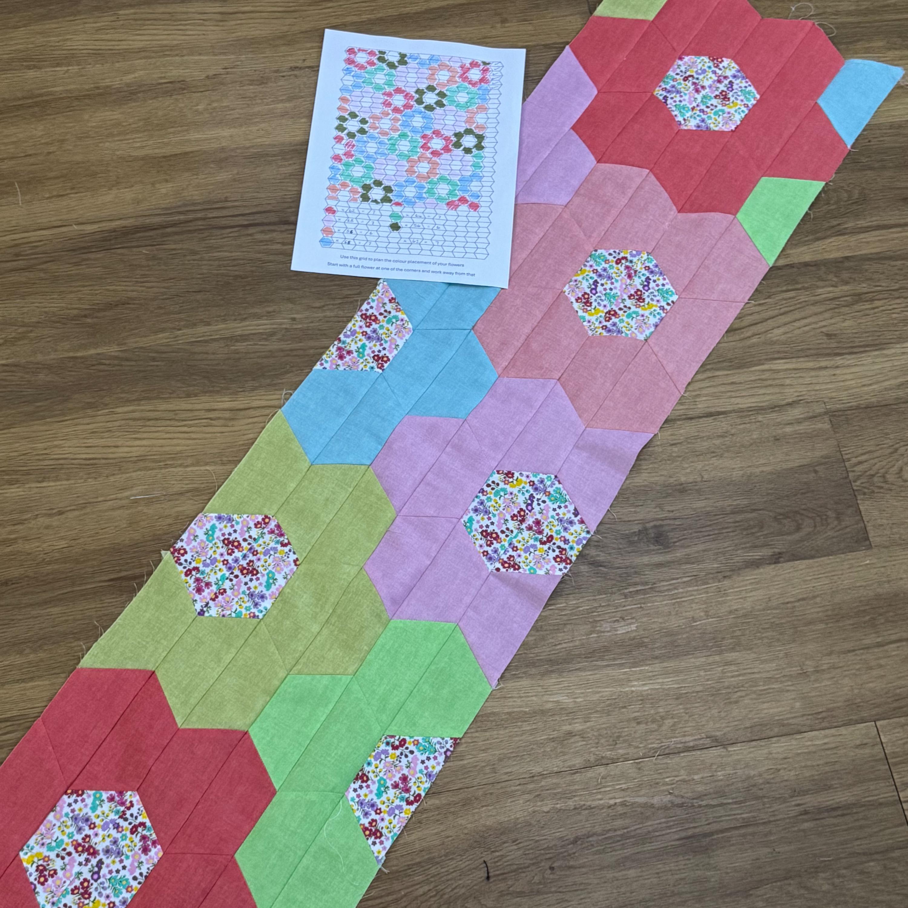 Nana's Flower Patch half hexies quilt sewing pattern.  Beginner Friendly - Digital Download