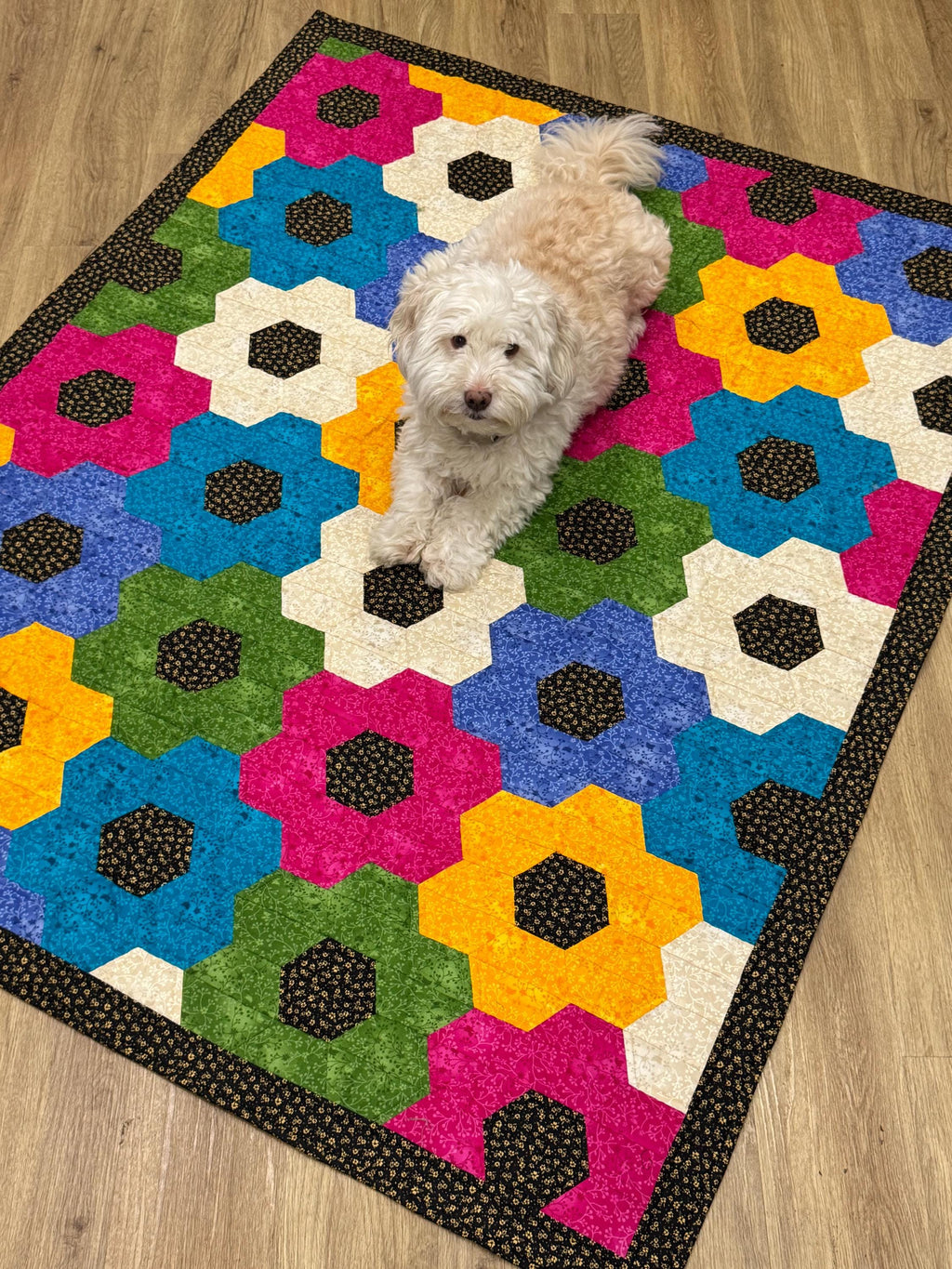 Nana's Flower Patch half hexies quilt sewing pattern.  Beginner Friendly - Digital Download