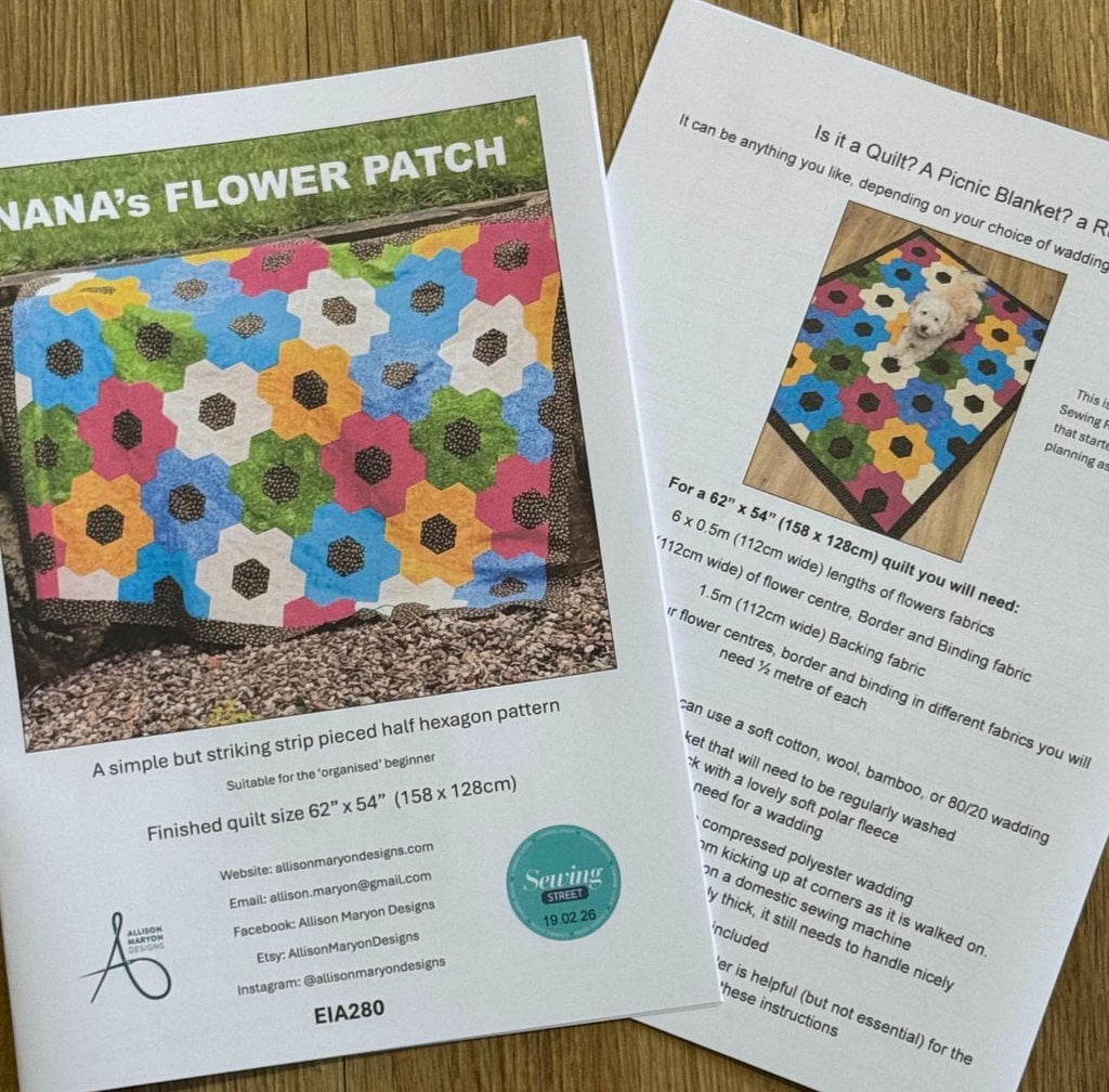 Nana's Flower Patch half hexies quilt sewing pattern.  Beginner Friendly - Digital Download