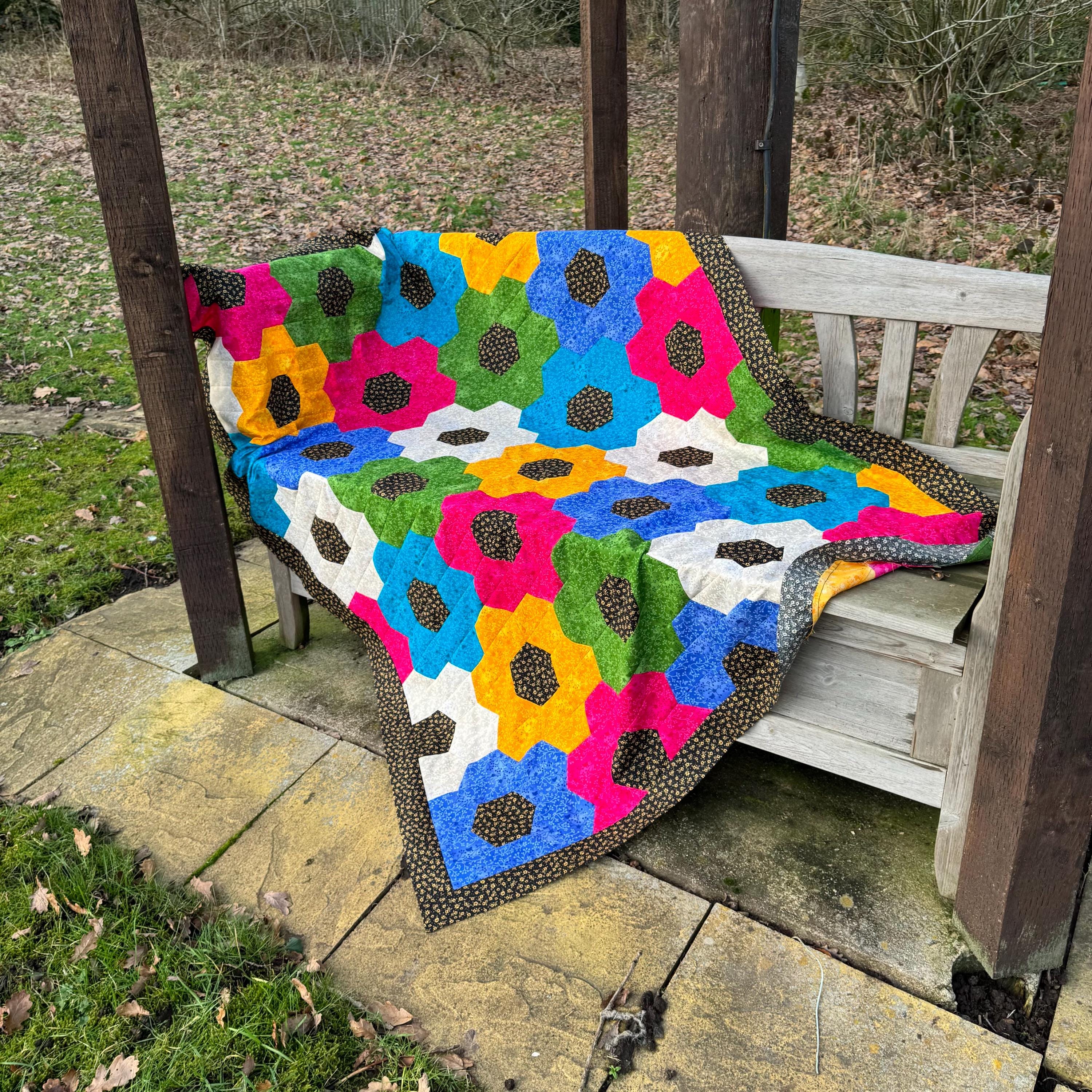 Nana's Flower Patch half hexies quilt sewing pattern.  Beginner Friendly - Digital Download